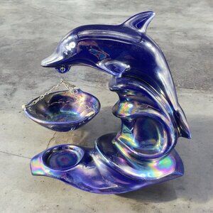 Marex Dolphin Shaped Oil Warmer Tea Light Iridescent Cobalt Blue Ceramic Poland